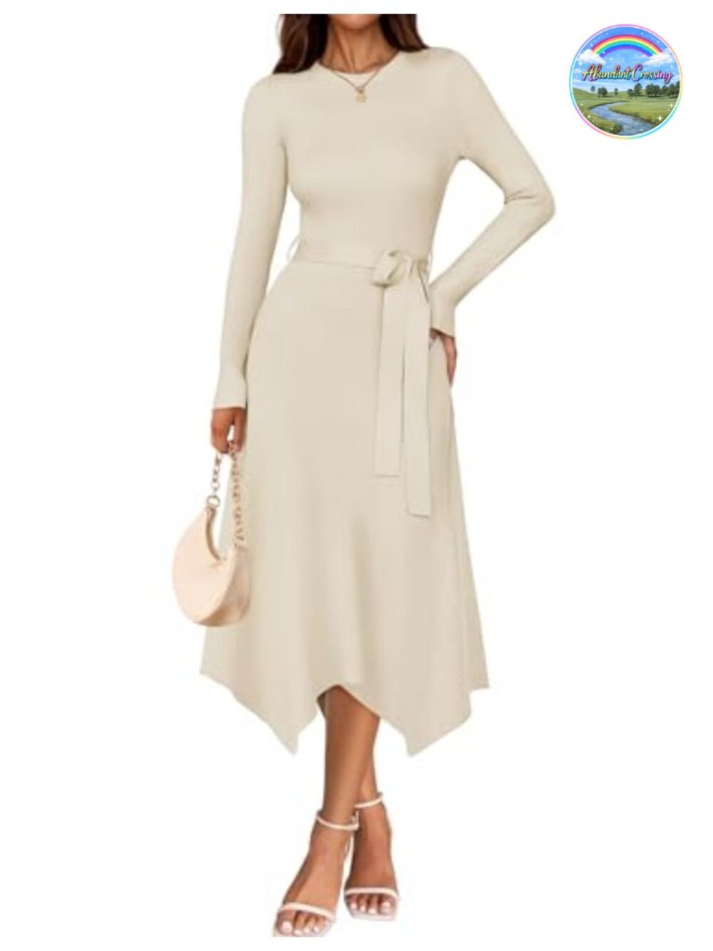 ZESICA Women's Long Sleeve Midi Sweater Dress Crew Neck A-Line Tie Waist
